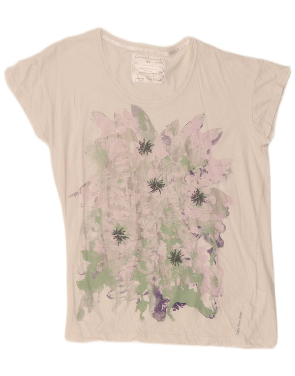 Calvin Klein Jeans Damen Grafik-T-Shirt-Oberteil UK 14 Mittelweiß geblümt
