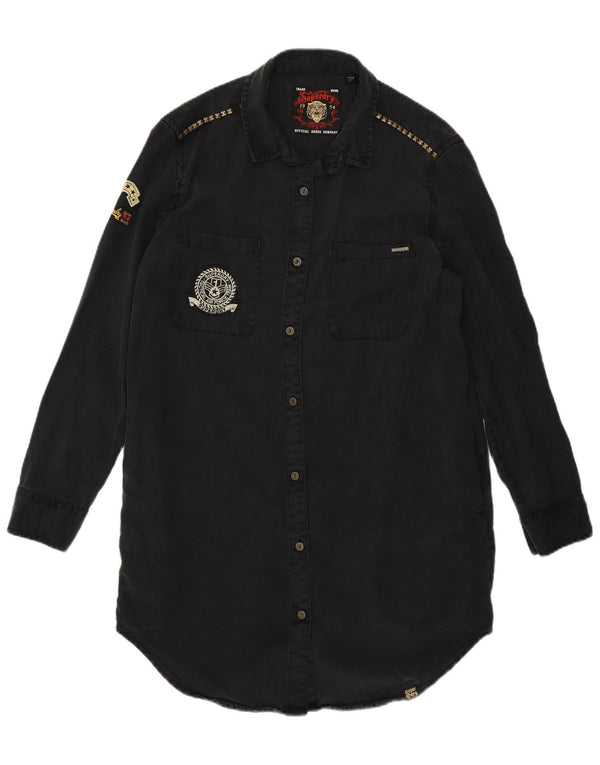 Superdry Womens Graphic Military Denim Kleid UK 12 Medium Black Lyocell