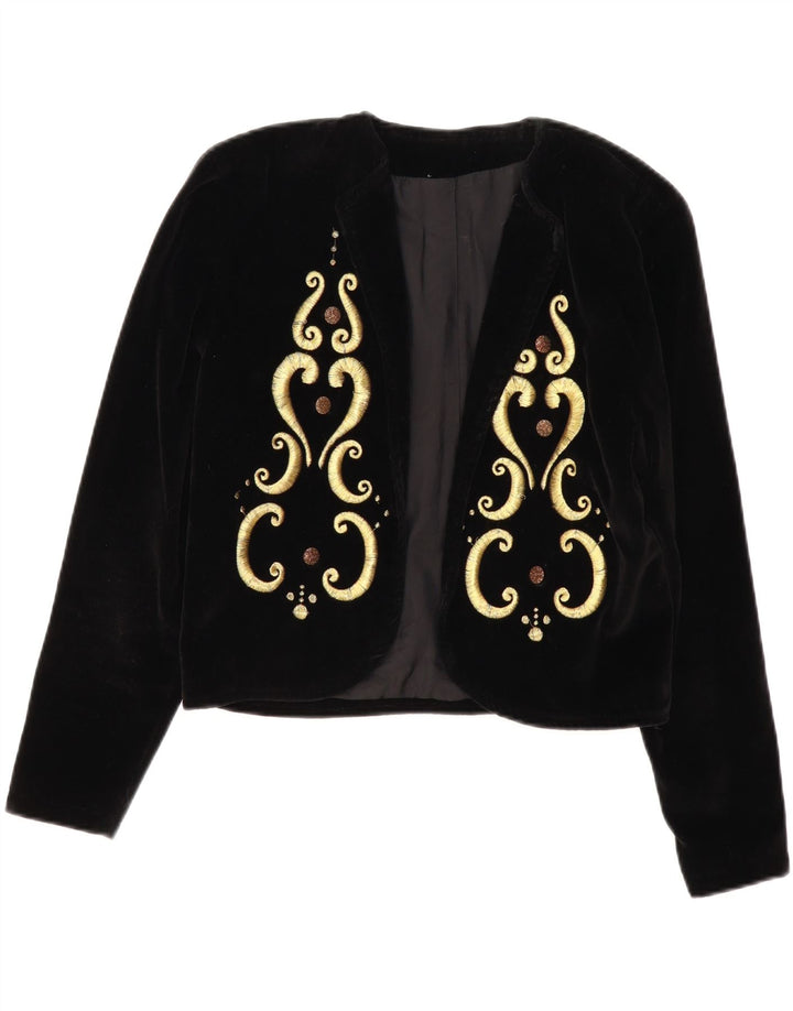 Vintage Damen Samt offene Bolerojacke UK 14 Medium Schwarz