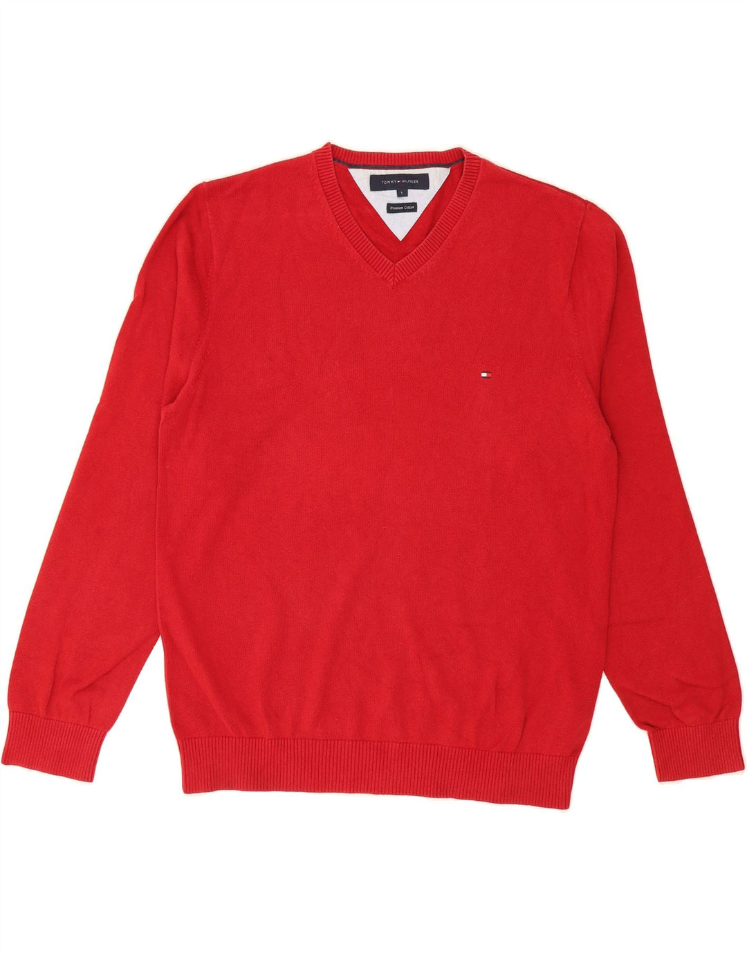 TOMMY HILFIGER Mens V-Neck Jumper Sweater Large Red Cotton Vintage Tommy Hilfiger and Second-Hand Tommy Hilfiger from Messina Hembry 
