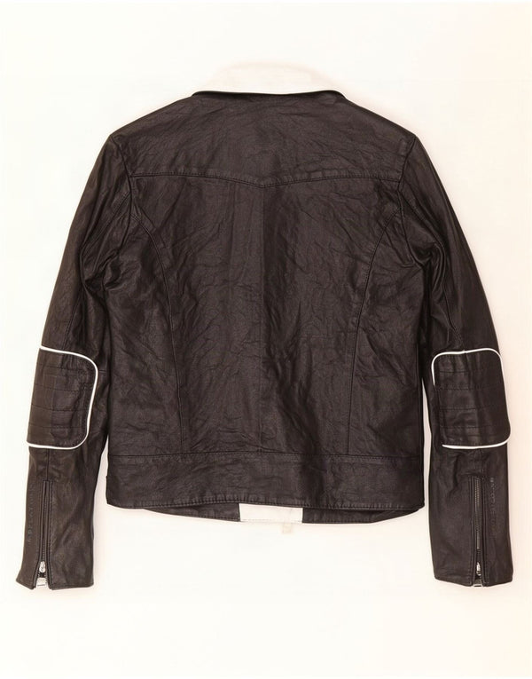 Replay Damen-Bikerjacke aus Leder, UK 6, XS, schwarzes Colourblock-Lammleder