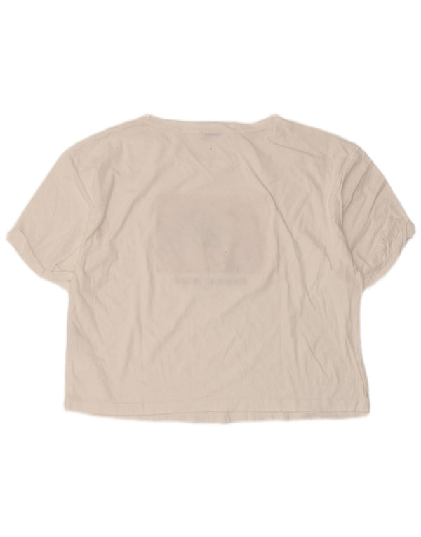 Zara Damen Crop Graphic T-Shirt Top UK 16 Large Weiße Baumwolle