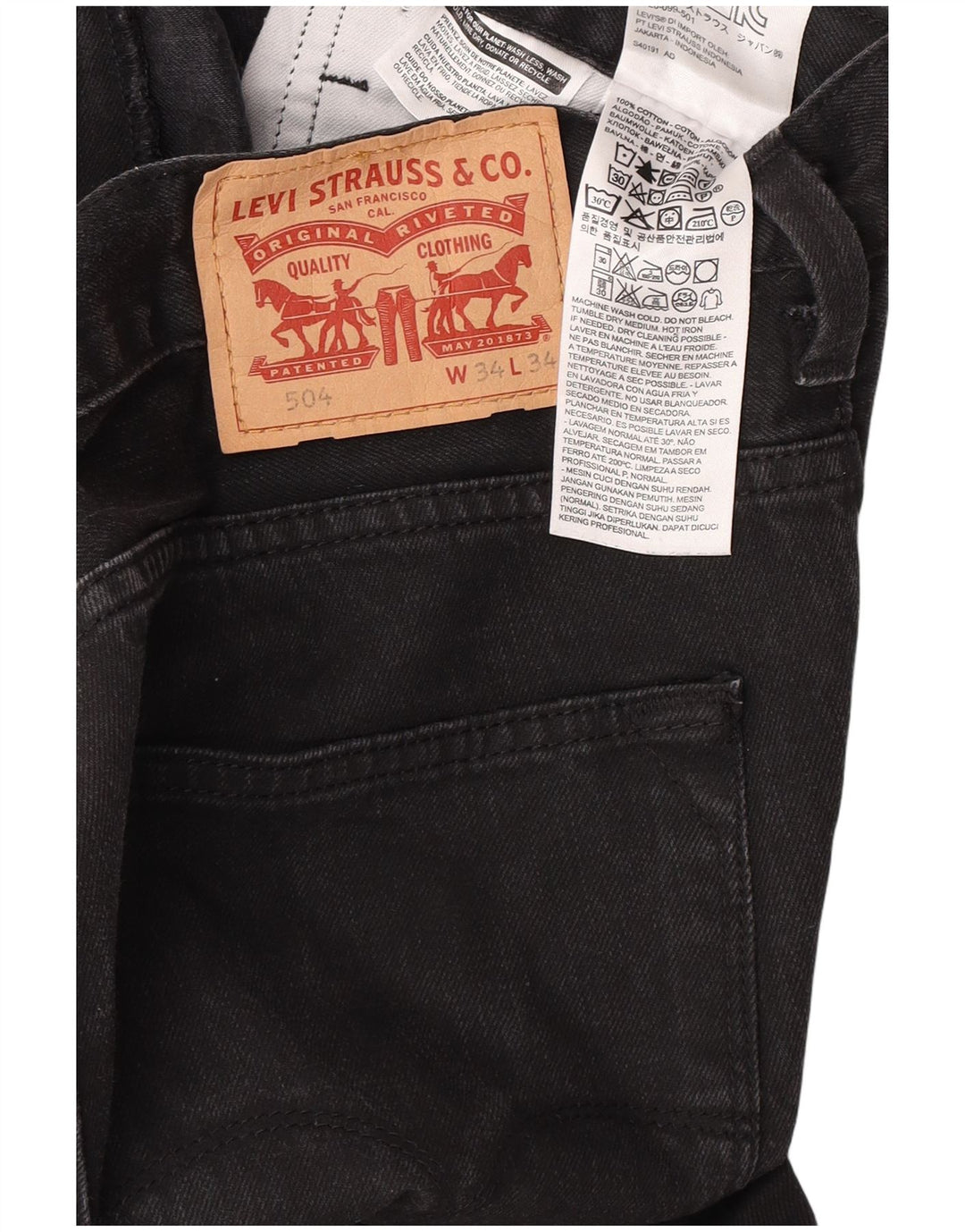 Levi's Herren 504 Straight Jeans W34 L34 Schwarze Baumwolle