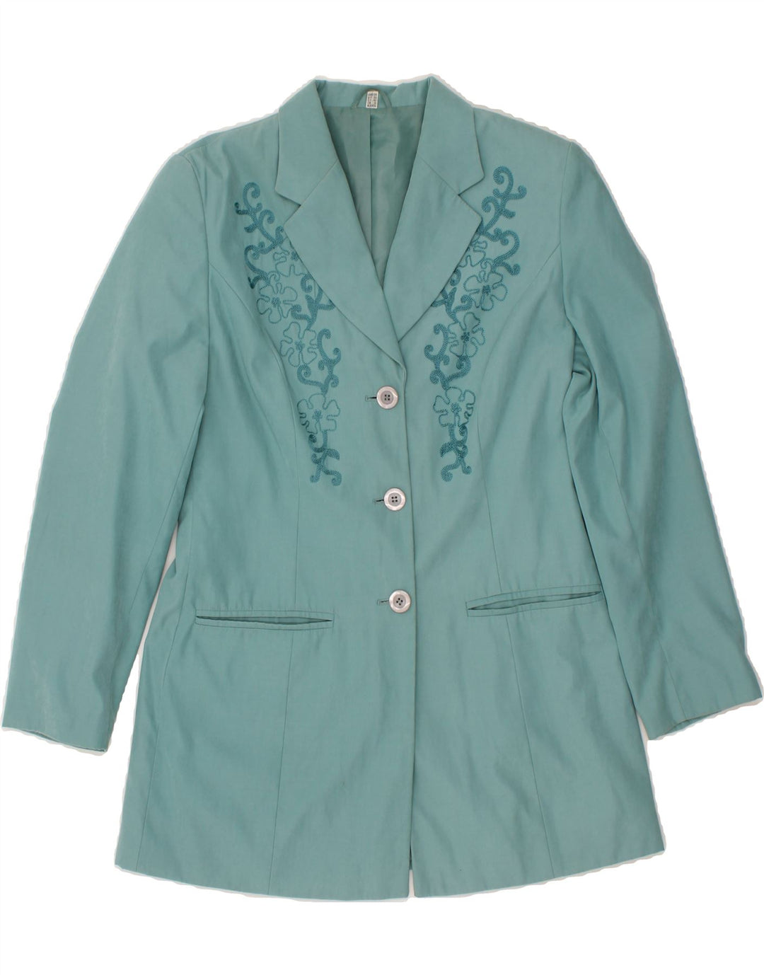 VINTAGE Womens 3 Button Blazer Jacket UK 10 Small  Blue Floral Polyester Vintage Vintage and Second-Hand Vintage from Messina Hembry 