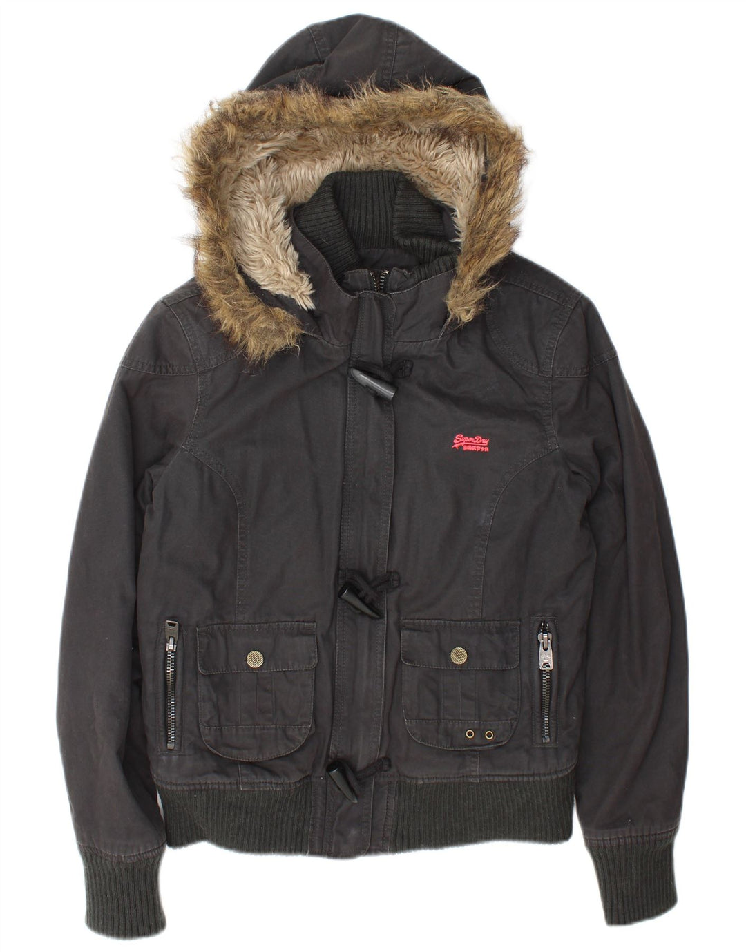 Superdry Damen Bomberjacke mit Kapuze, UK 16, Größe L, Grau, Baumwolle