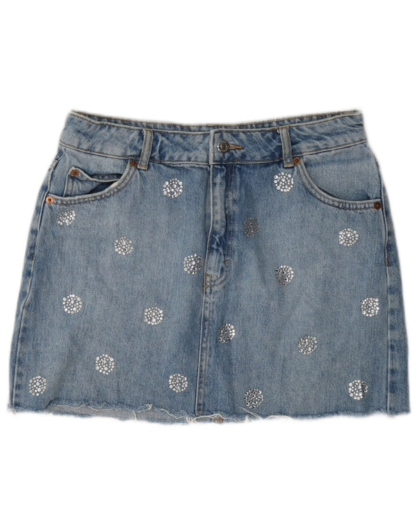 Topshop Damen Mini-Jeansrock UK 12 Medium W28 Blau gepunktete Baumwolle