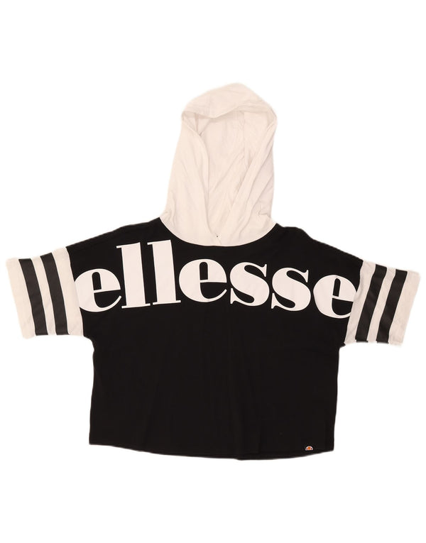 Ellesse Womens Crop Hooded Graphic T-Shirt Top UK 6 XS Schwarz Farbblock