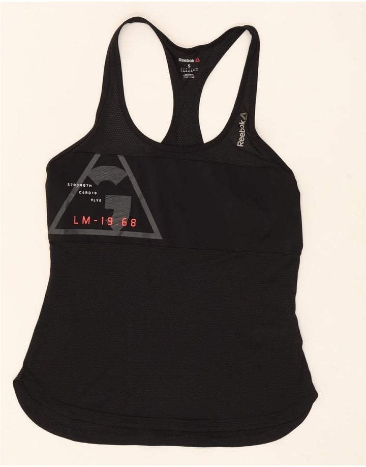 REEBOK Womens Graphic Vest Top UK 8/10 Small Black Polyester Vintage Reebok and Second-Hand Reebok from Messina Hembry 