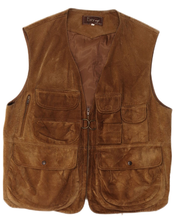 Vintage Herren Wildleder Utility Gilet UK 38 Mittelbraunes Leder