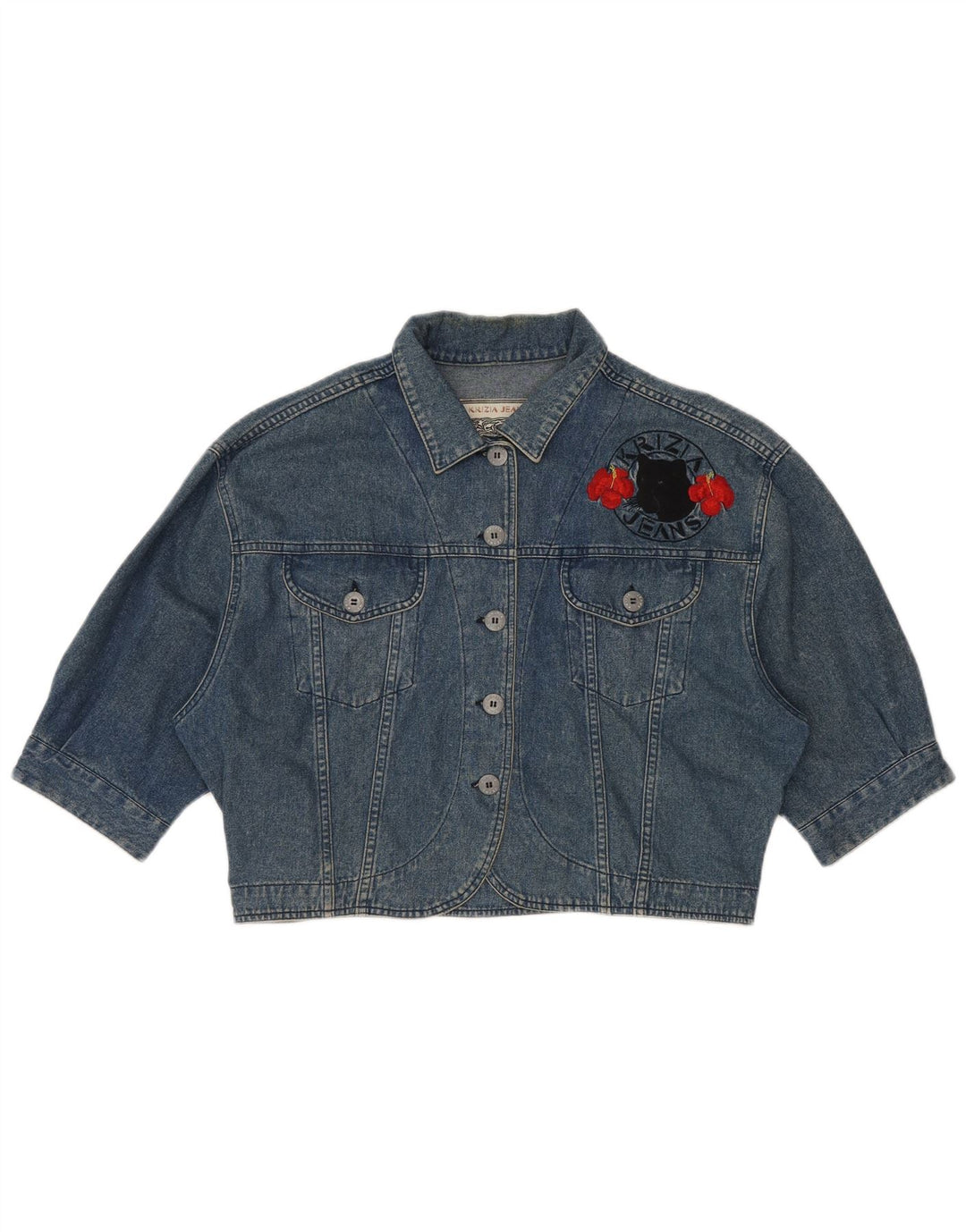 KRIZIA JEANS Übergroße Crop-Jeansjacke für Damen IT 44 Mittelblaues Blumenmuster