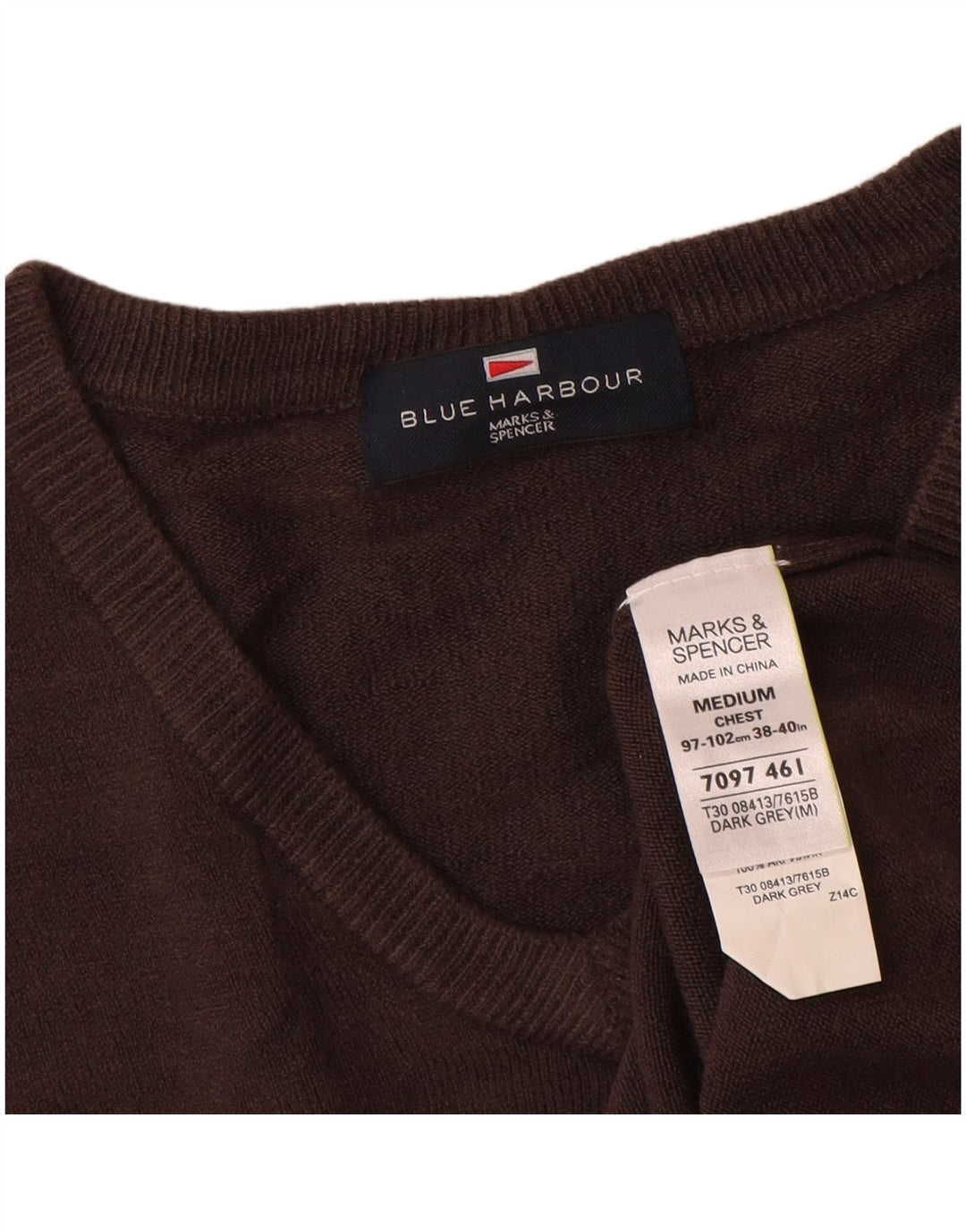 Marks & Spencer Herren Blauer Harbour-Pullover mit V-Ausschnitt Mittelgraues Acryl