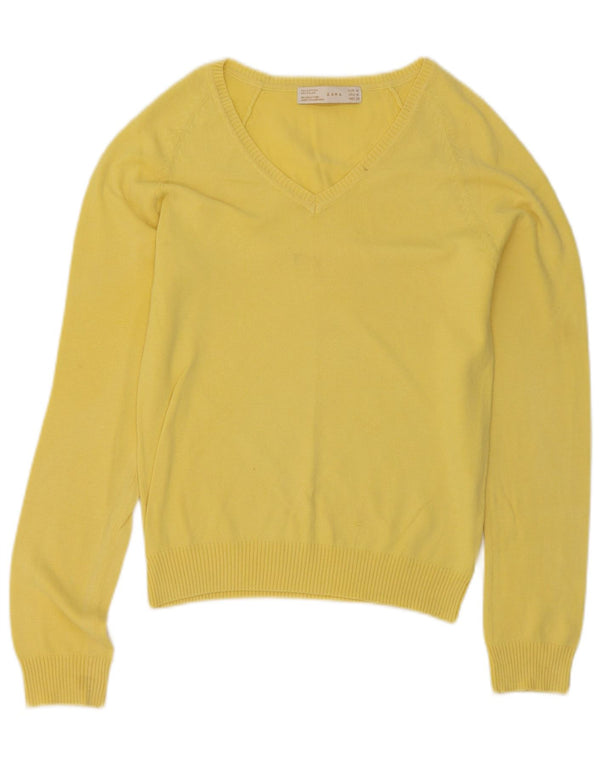 Zara Damen-Pullover mit V-Ausschnitt, UK 12, mittelgelbe Baumwolle
