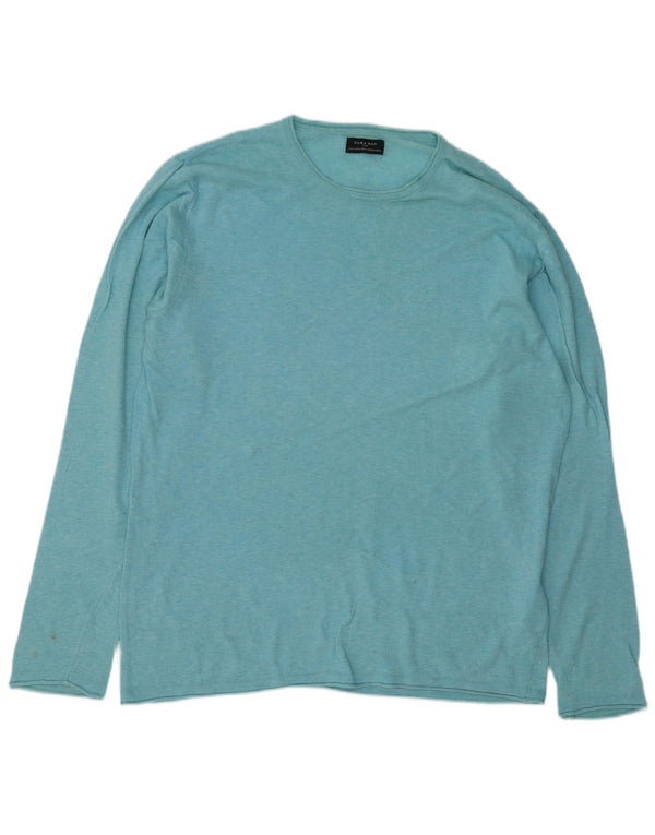 Zara Herren-Pullover mit Rundhalsausschnitt, XL, blau gefleckte Baumwolle