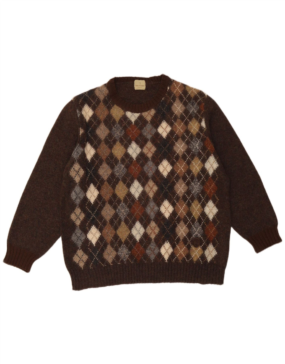 Trussardi Herren-Pullover mit Rundhalsausschnitt, groß, braun, Argyle/Diamant