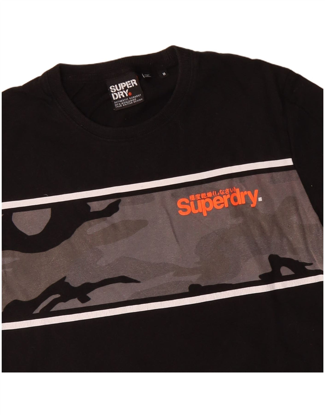 SUPERDRY Herren Grafik-T-Shirt-Oberteil aus mittelschwarzer Camouflage-Baumwolle
