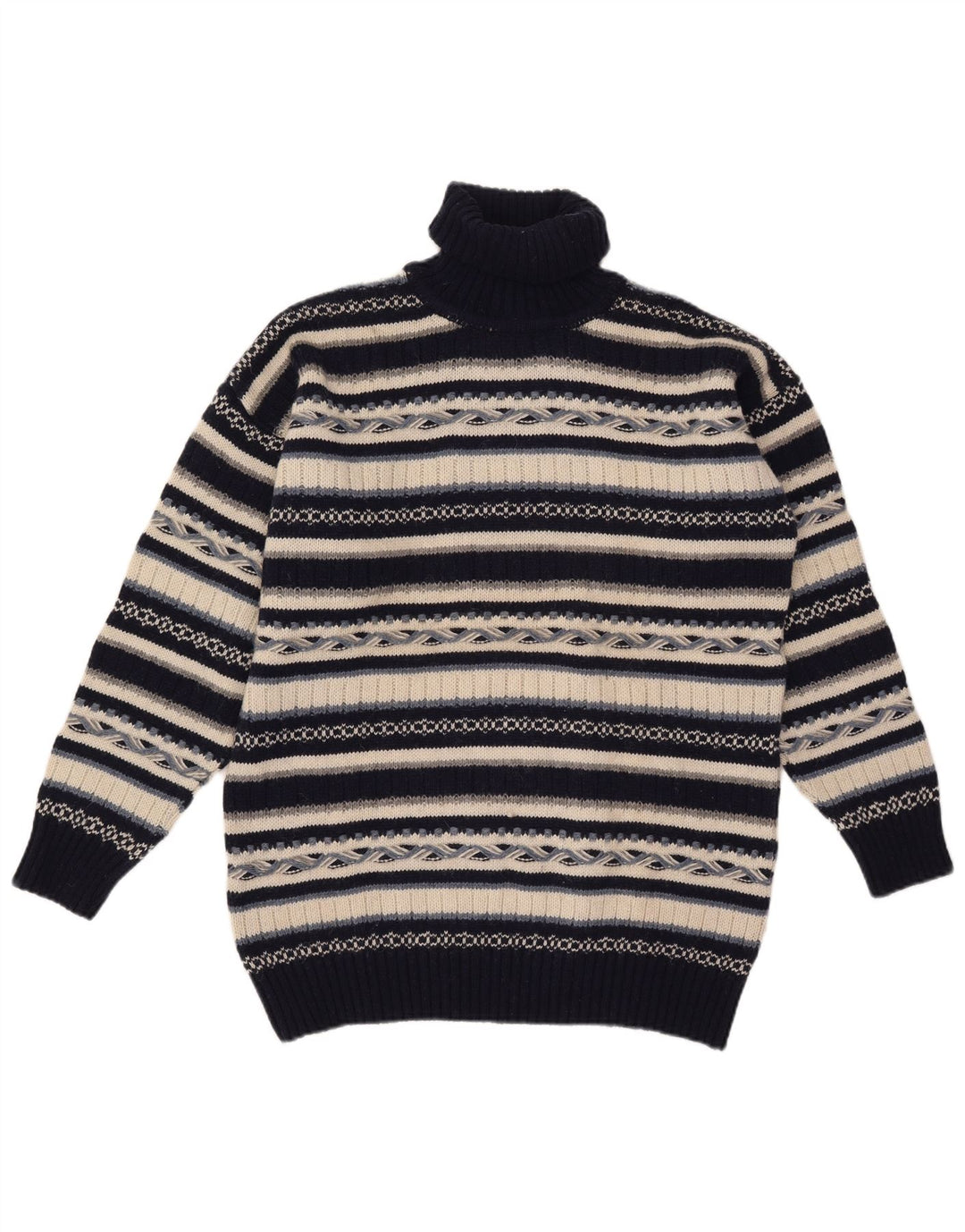 Vintage Herren-Pullover mit Rollkragen, mittelgroß, marineblau, gestreift, Wolle