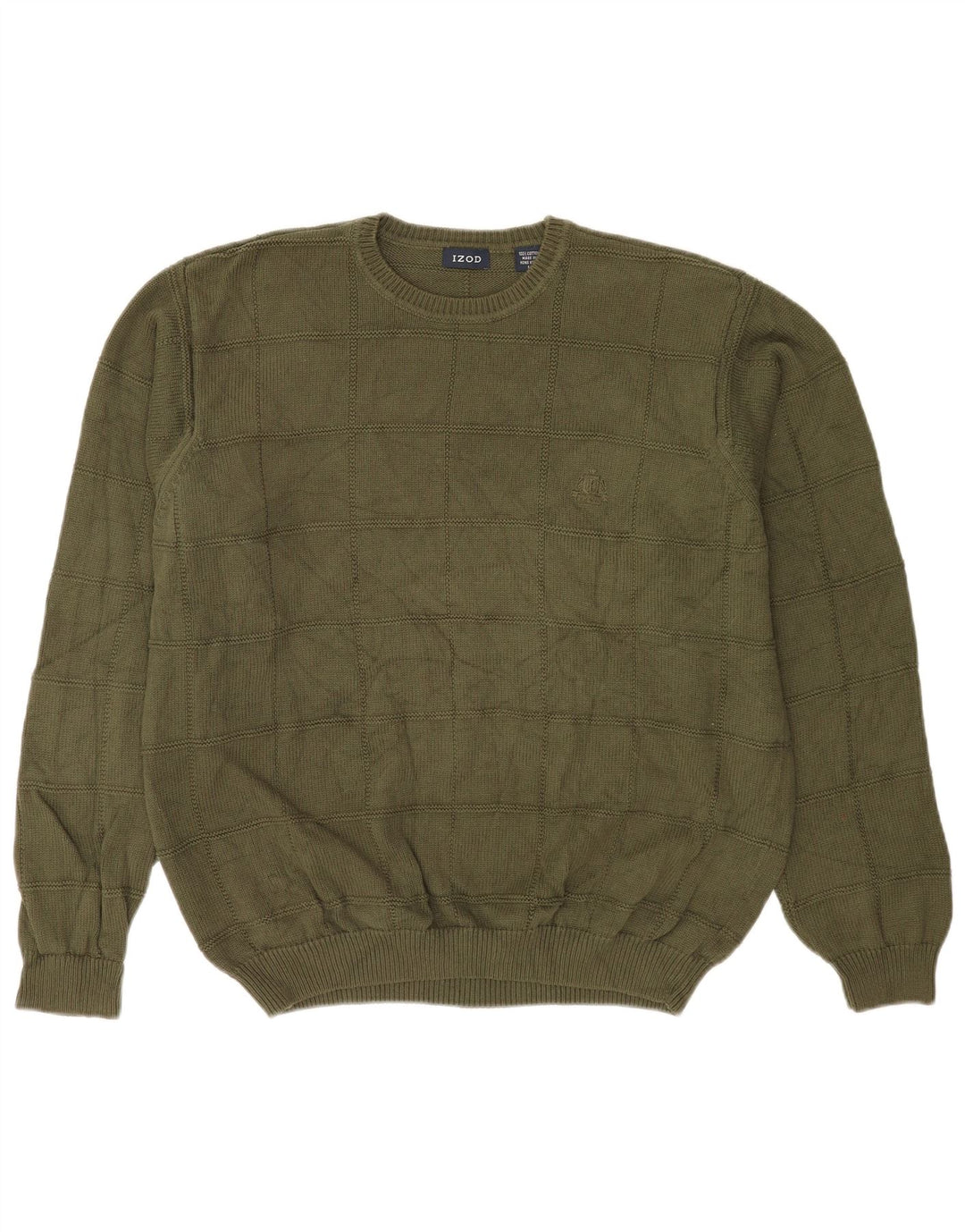 Izod Herren-Pullover mit Rundhalsausschnitt, groß, Khaki, kariert, Baumwolle