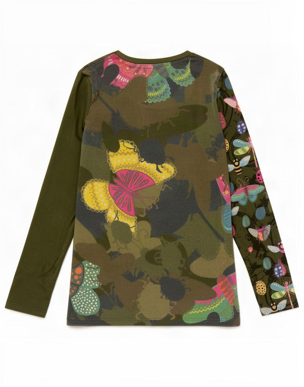 Desigual Mädchen Grafik-Top, langärmlig, 9–10 Jahre, grüne Blumen-Baumwolle