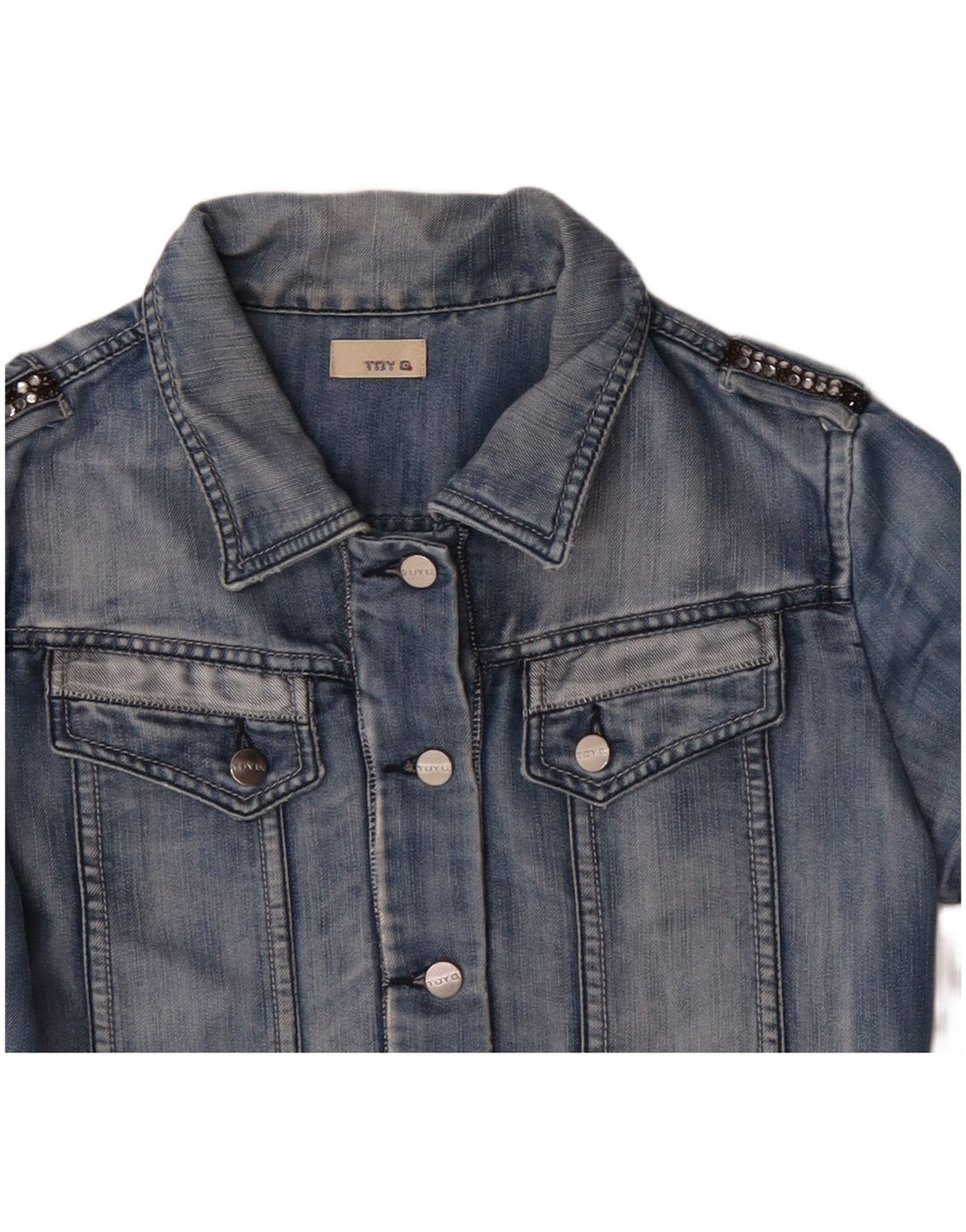 TOY G Damen Crop Jeansjacke UK 12 Mittelblau