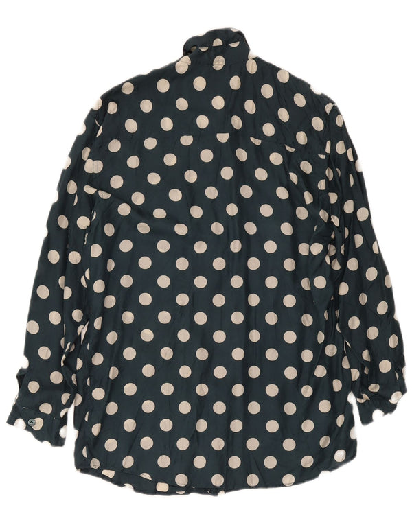 Vintage Damen Longline Relaxed Fit Shirt UK 8/10 Small Marineblau Polka Dot