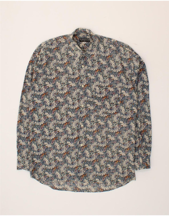 VINTAGE Mens Shirt Medium Blue Floral Cotton Vintage Vintage and Second-Hand Vintage from Messina Hembry 