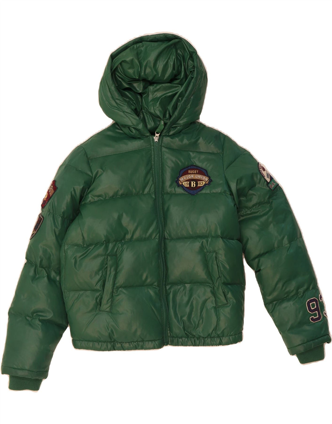 BENETTON Boys Graphic Hooded Padded Jacket 10-11 Years XL Green Polyester Vintage Benetton and Second-Hand Benetton from Messina Hembry 