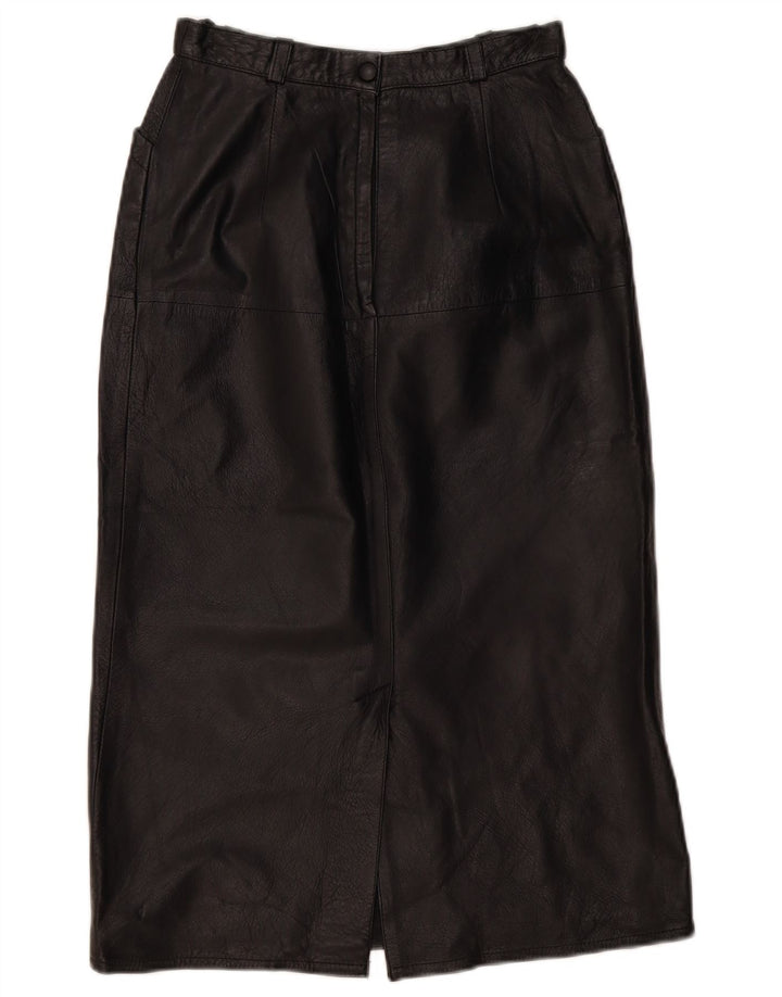 VINTAGE Damen Lederrock EU 36 Small W26 Schwarzes Leder