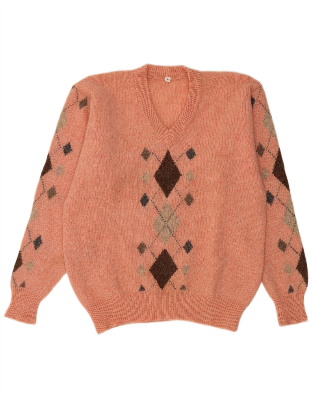 Vintage Herren V-Ausschnitt Pullover Pullover Groß Orange Argyle/Diamant
