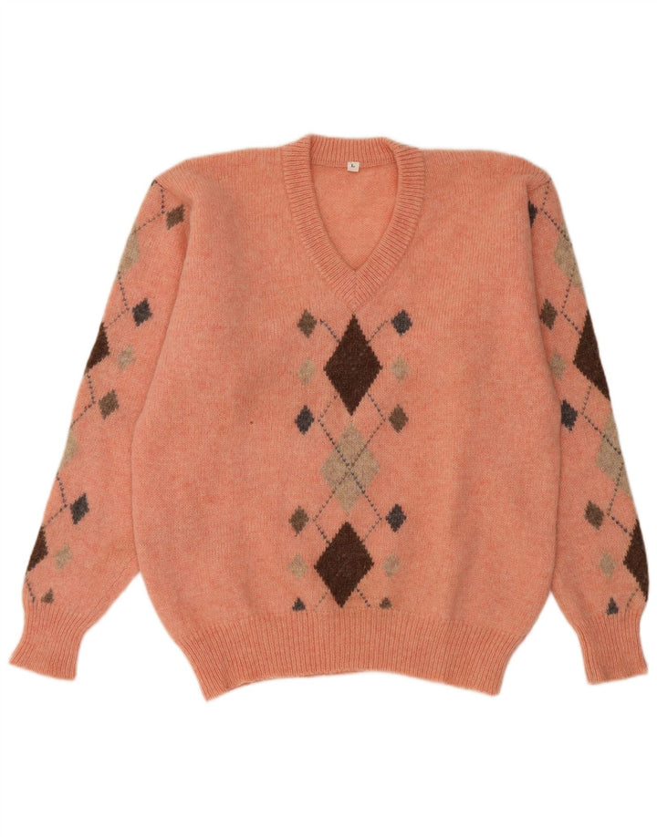 Vintage Herren V-Ausschnitt Pullover Pullover Groß Orange Argyle/Diamant