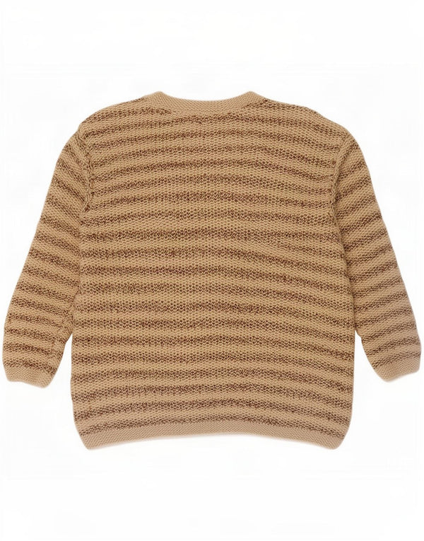 Vintage Damen Cardigan Pullover UK 14 Medium Beige Gestreifte Baumwolle