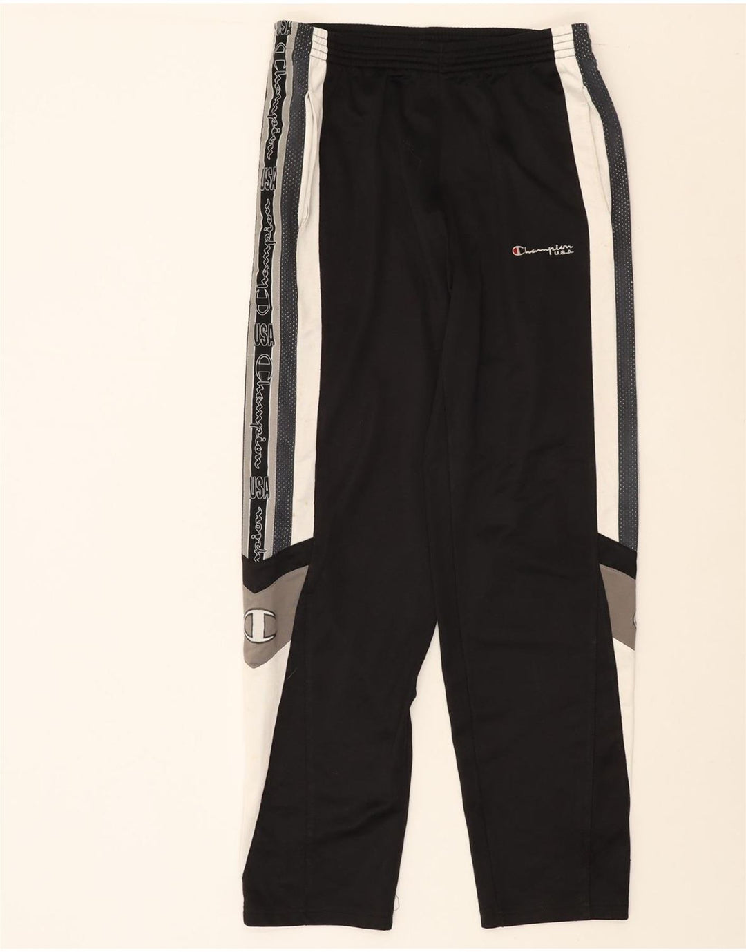 CHAMPION Mens Graphic Tracksuit Trousers Joggers Medium Black Colourblock Vintage Champion and Second-Hand Champion from Messina Hembry 