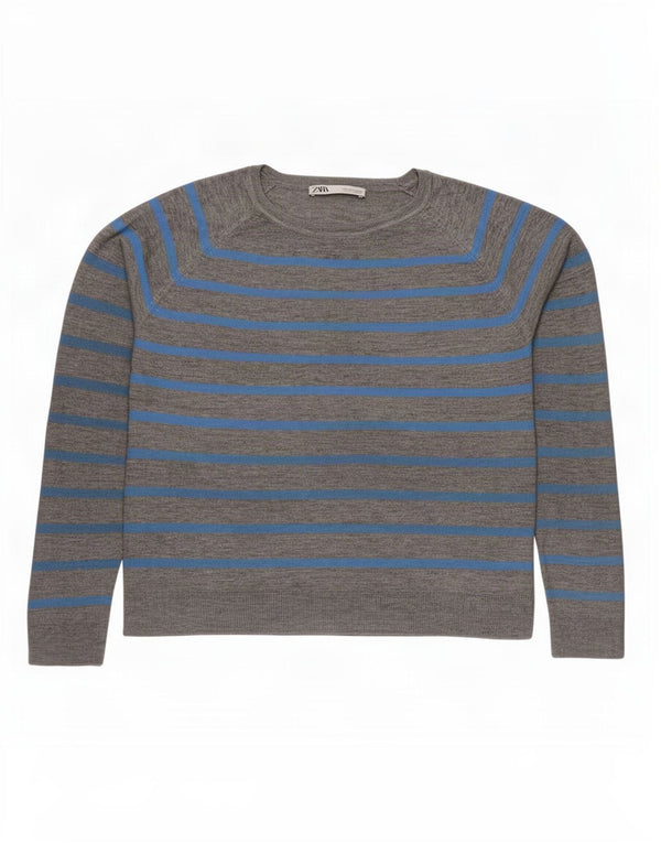 Zara Damen-Pullover, übergroß, U-Boot-Ausschnitt, Gr. 10, klein, grau gestreift