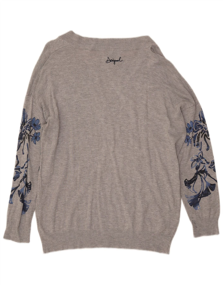 DESIGUAL Damen Pullover mit grafischem V-Ausschnitt, UK 14, Mittelgrau mit Blumenmuster