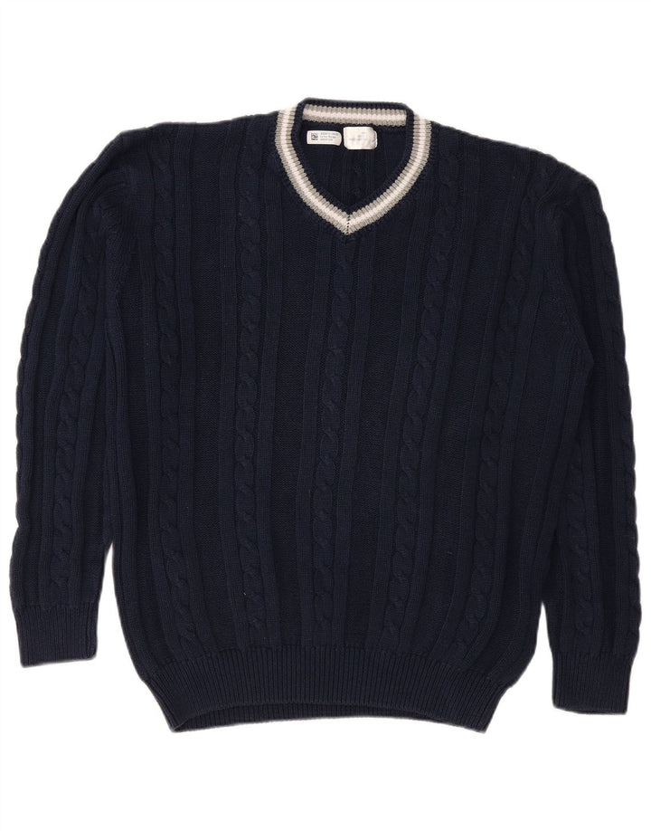VINTAGE Herren-Pullover mit V-Ausschnitt, große marineblaue Baumwolle