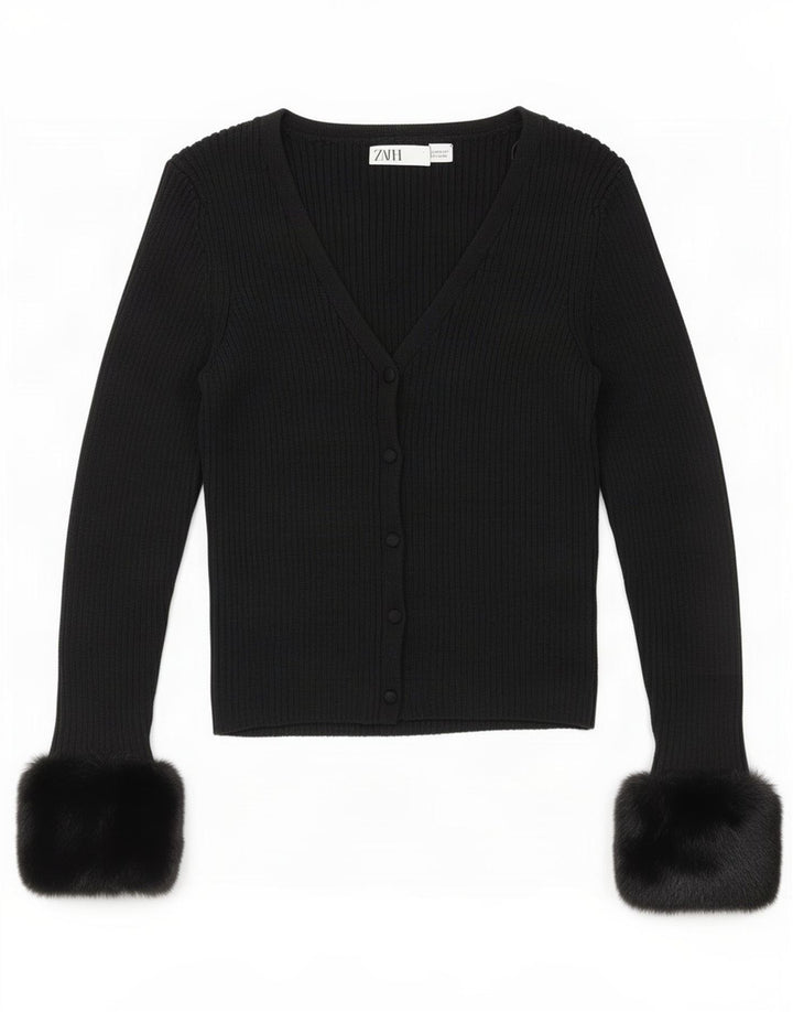Zara Damen Crop Cardigan Pullover UK 12 Medium Schwarz