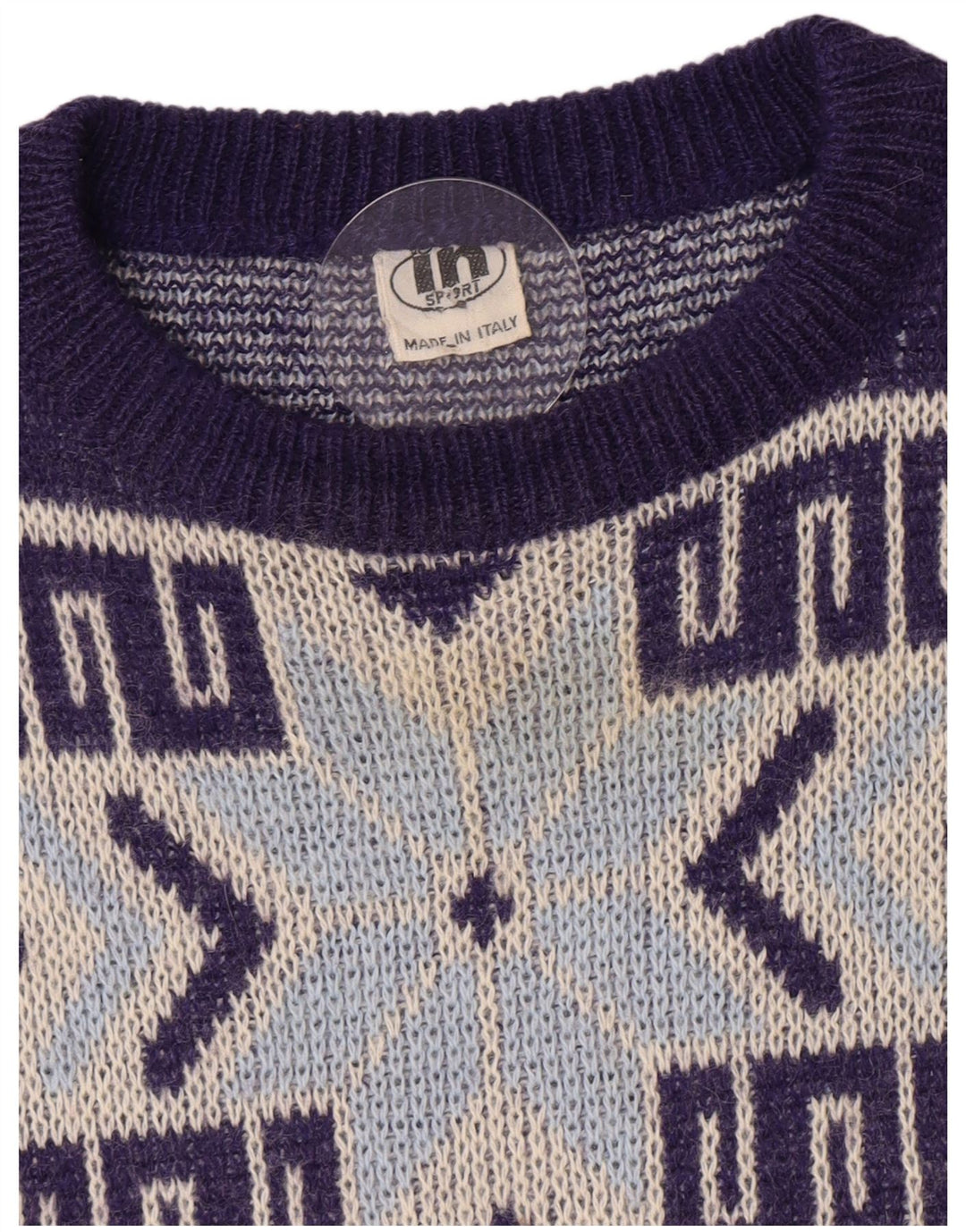 Vintage Herren-Pullover mit Rundhalsausschnitt, mittelgroß, marineblau, geometrisch