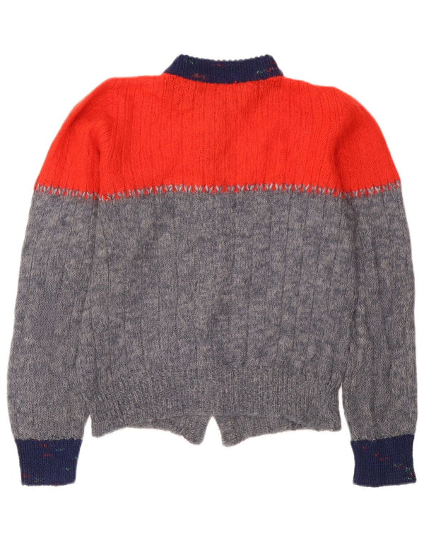 Vintage Damen Schneeflocken-Cardigan-Pullover UK 14 Mittelgrauer Farbblock