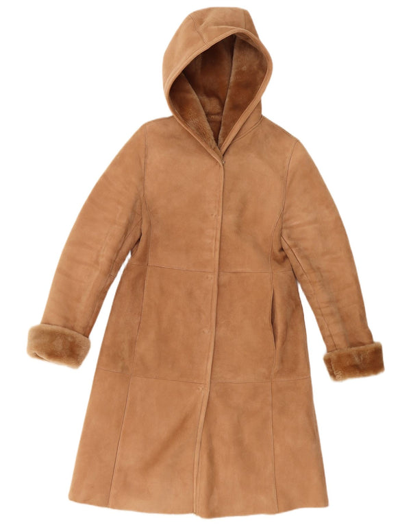 Vintage Damen Kapuzen-Shearling-Mantel UK 10 Small Beige