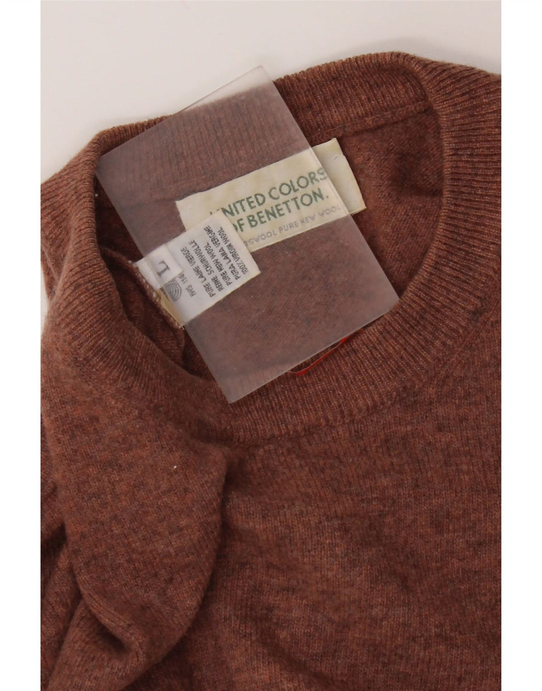 Benetton Herren-Pullover mit Rundhalsausschnitt, groß, braune Schurwolle