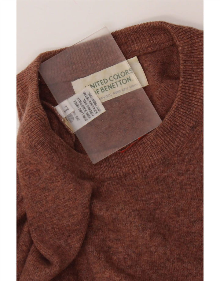 Benetton Herren-Pullover mit Rundhalsausschnitt, groß, braune Schurwolle
