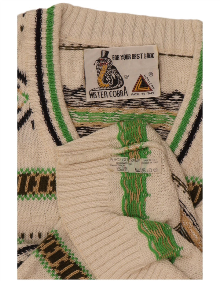 Vintage Herren V-Ausschnitt Pullover Pullover mittelweiße geometrische Baumwolle