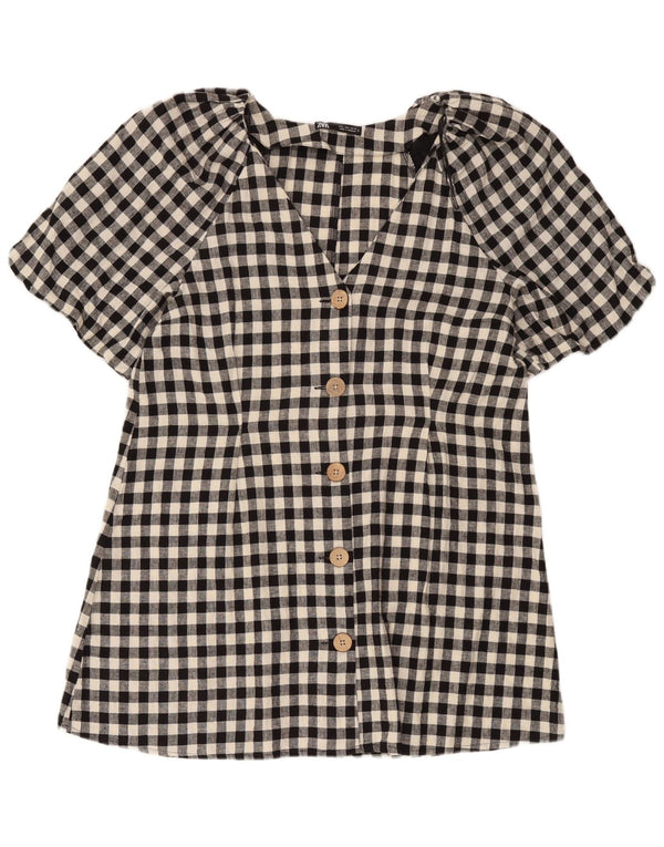 Kurzärmliges Damen-Hemdkleid von Zara, Gr. 46, großes schwarzes Gingham-Leinen
