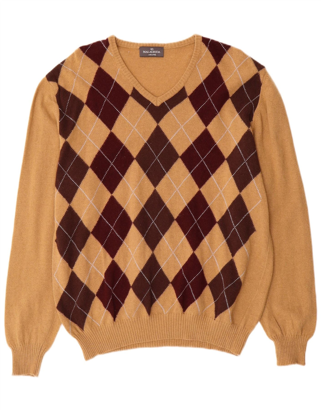 Malagrida Herren-Pullover mit V-Ausschnitt, XL, beige Argyle/Diamond-Wolle