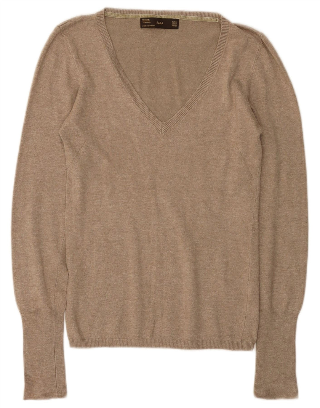 Zara Damen-Pullover mit V-Ausschnitt, UK 12, Medium Beige, Viskose