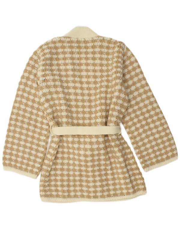 Vintage Damen Longline Cardigan Pullover UK 14 Medium Beige Karo Acryl