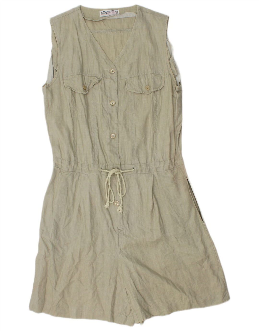 Vintage Damen Ärmelloser Playsuit UK 12 Medium Khaki Leinen