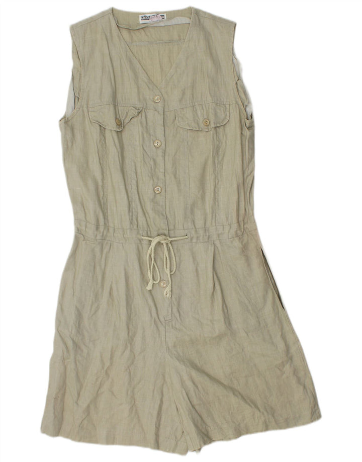 Vintage Damen Ärmelloser Playsuit UK 12 Medium Khaki Leinen