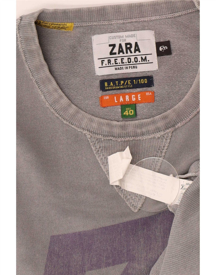 Zara Herren Grafik-Sweatshirt-Pullover, große graue Baumwolle