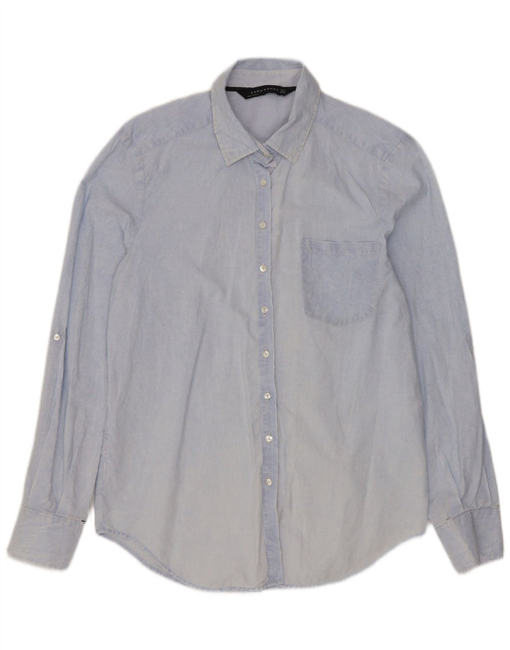 ZARA Damen-Hemd UK 14 Mittelblaue Nadelstreifen-Baumwolle