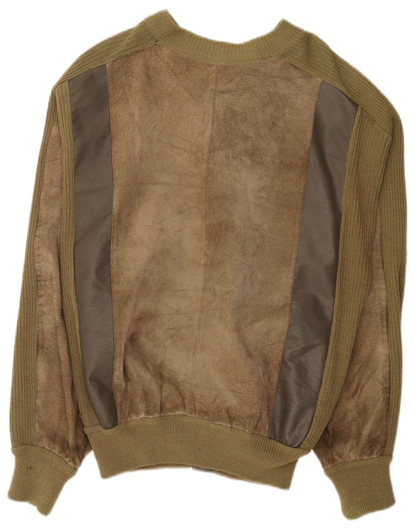 Vintage Mens Suede Bomber Jacket UK 38 Medium Khaki Colourblock Leather